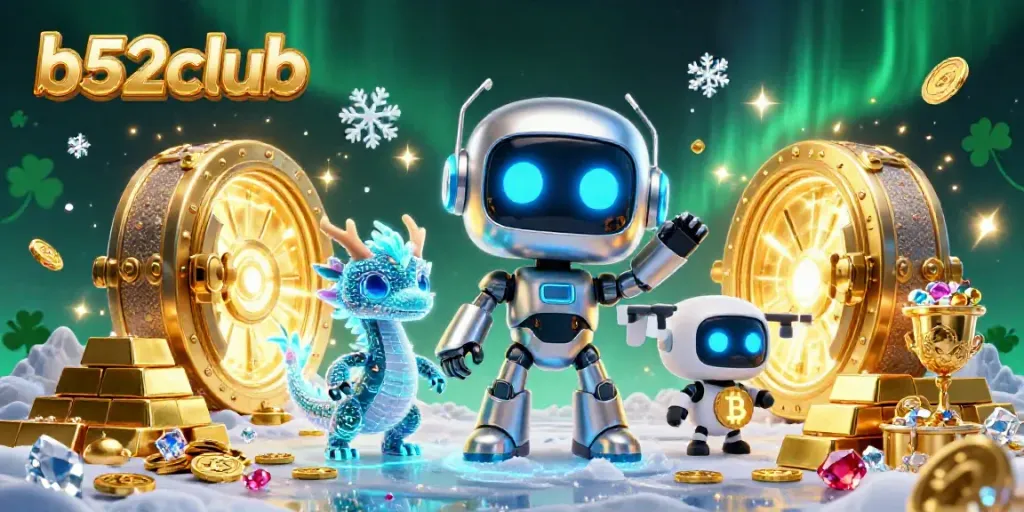 Experience the vibrant action of b52club with a lively 3D casino illustration full of treasures and characters