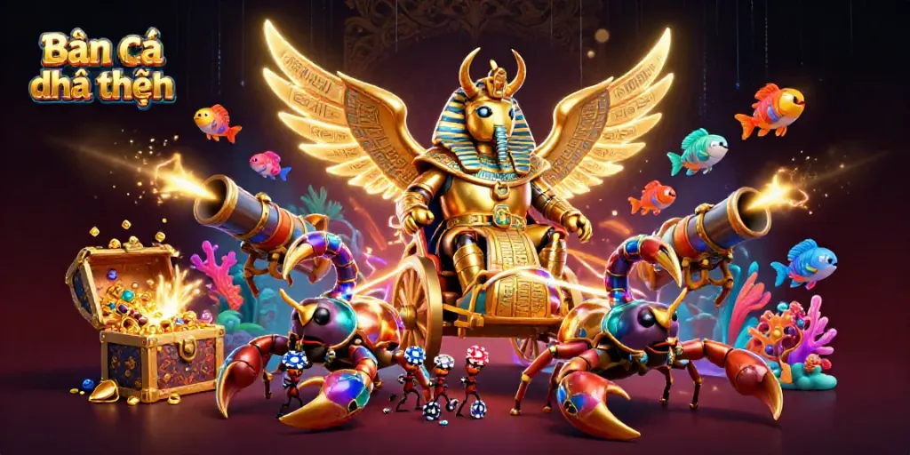 Experience Bắn cá đổi thưởng with a dynamic, vibrant 3D illustration showcasing a golden beetle and underwater elements.