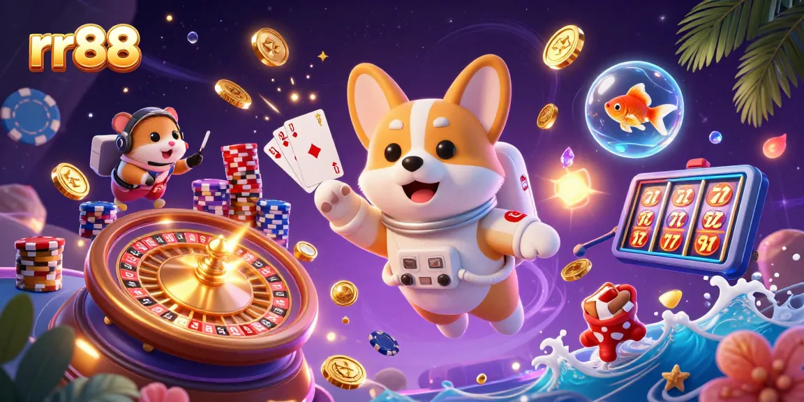 Engaging rr88 corgi astronaut in a vibrant space casino surrounded by floating poker chips and coins.