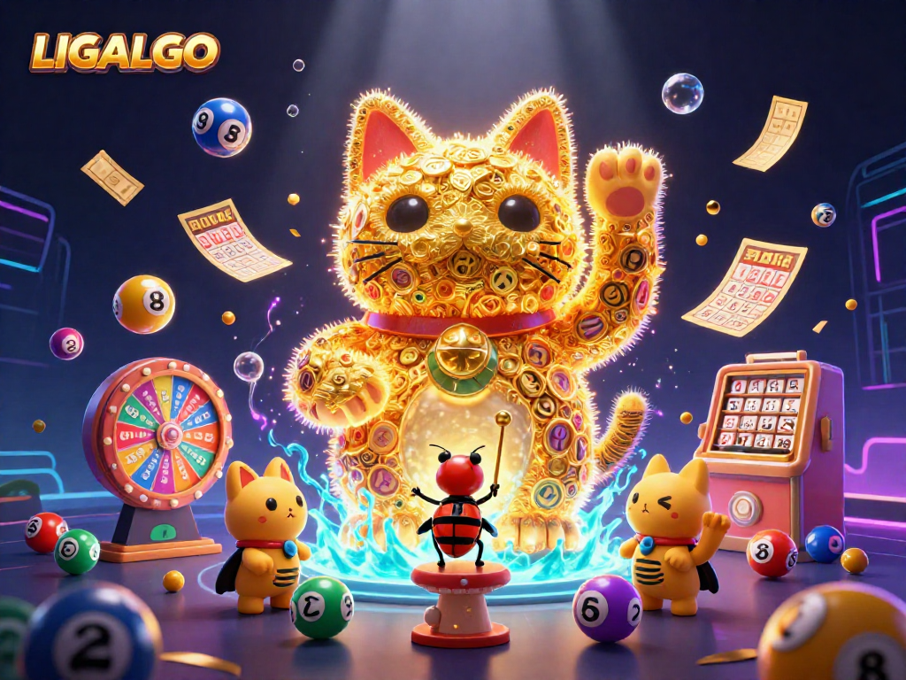 LIGALGO showcases a vibrant 3D illustration of a lucky cat symbol with casino elements, enhancing the gaming experience.