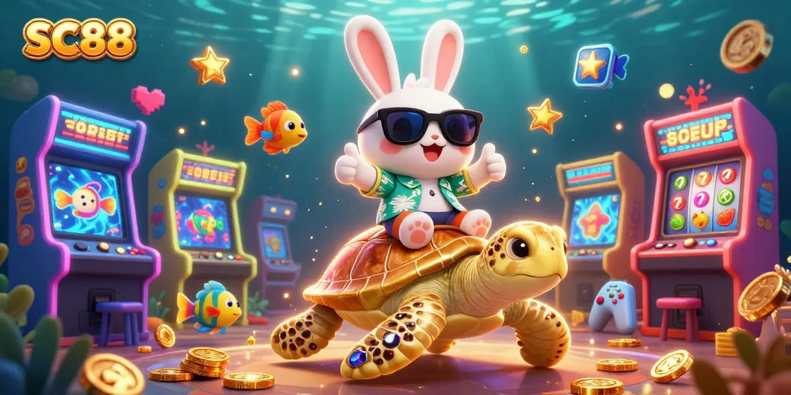 Spin the reels with SC88's vibrant cartoon scene featuring a lucky rabbit and golden turtle.
