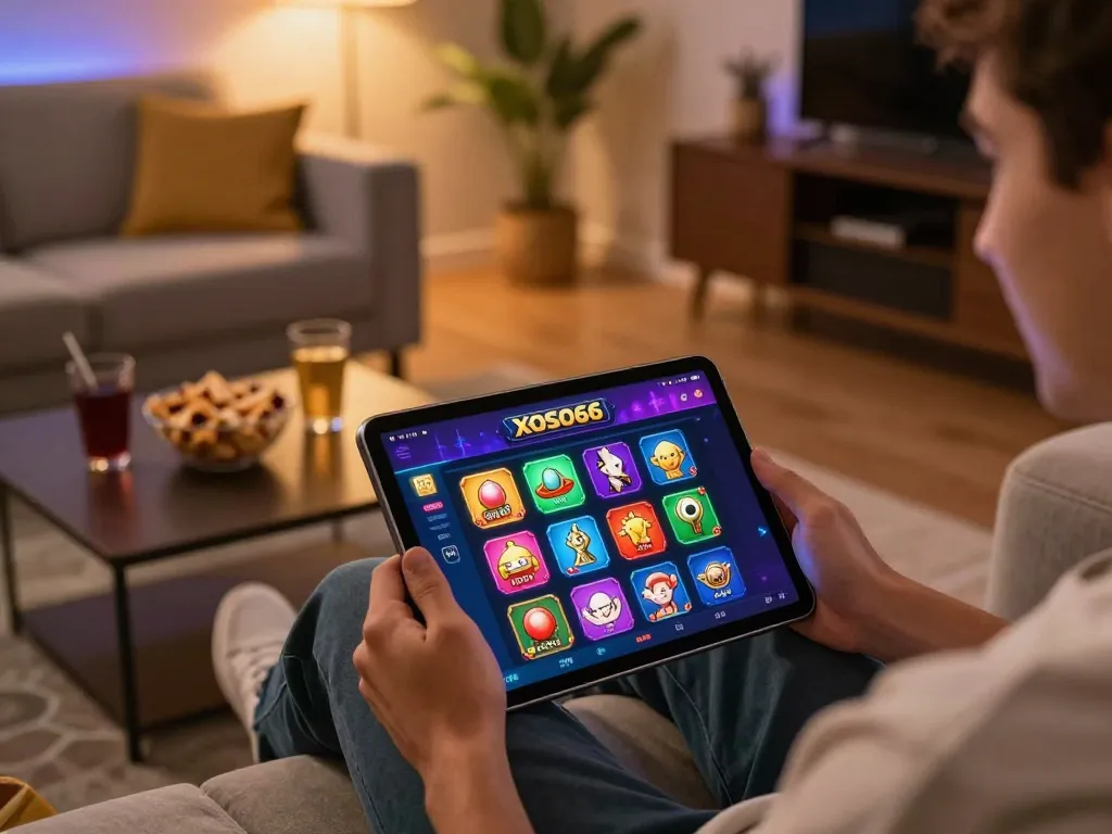 XOSO66 app showing vibrant gaming options on a tablet in a cozy home setting