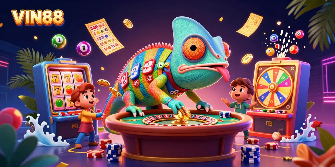 Experience the vibrancy of VIN88 in a dynamic 3D casino scene featuring colorful gameplay elements.