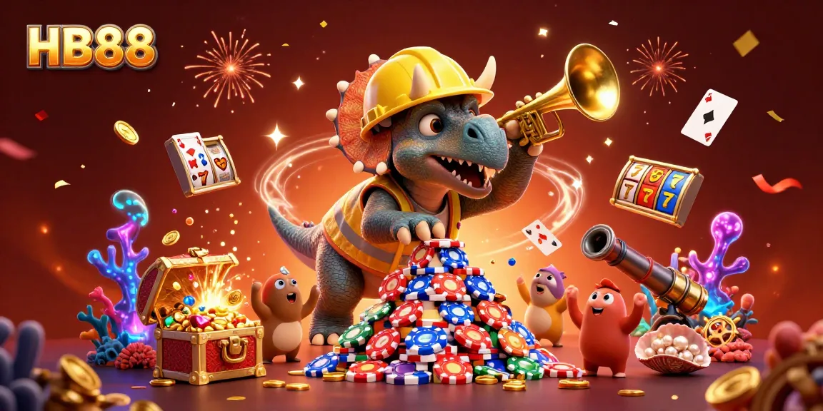 Celebrate wins at HB88 with exciting casino games and vibrant 3D characters in a dynamic scene.