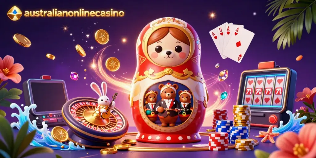 Spin to win with australianonlinecasino as vibrant bears and a serenading rabbit delight in a colorful casino atmosphere.