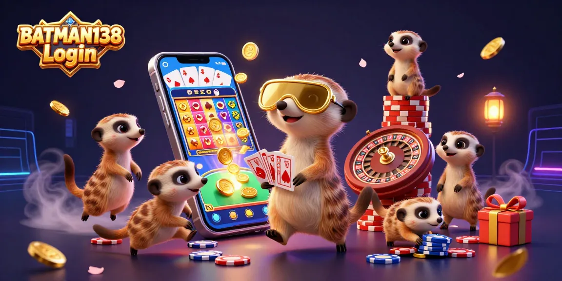 Play and win with BATMAN138 Login in a colorful meerkat casino illustration featuring dynamic gaming elements.
