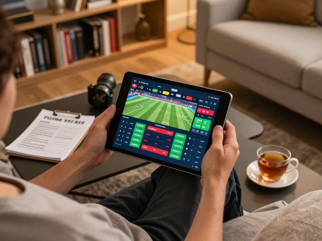 Engaged in kèo nhà cái betting on a tablet while analyzing game strategies at home.