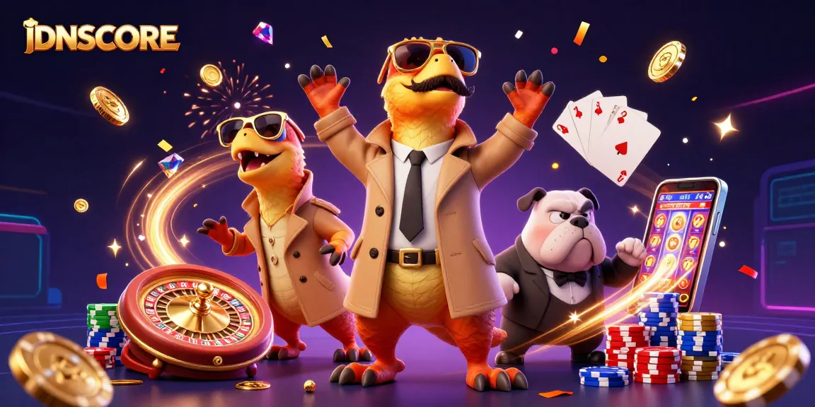 IDNSCORE captivates players with a VIP experience in a cartoon casino scene full of excitement.