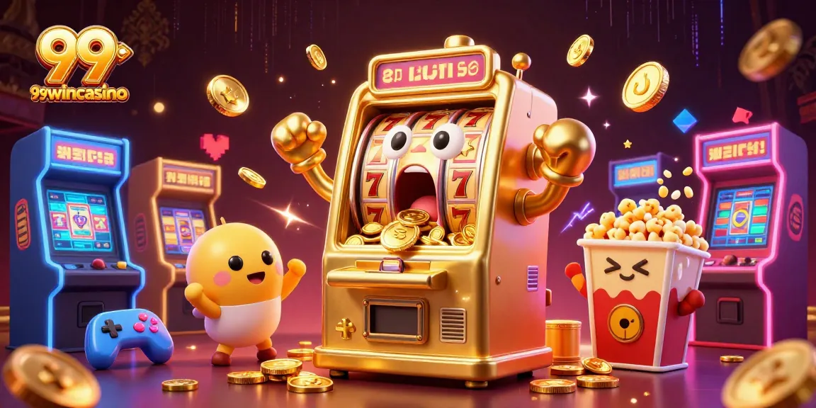 Excited golden slot machine wins jackpot at 99wincasino, surrounded by cheering baby slot machines.