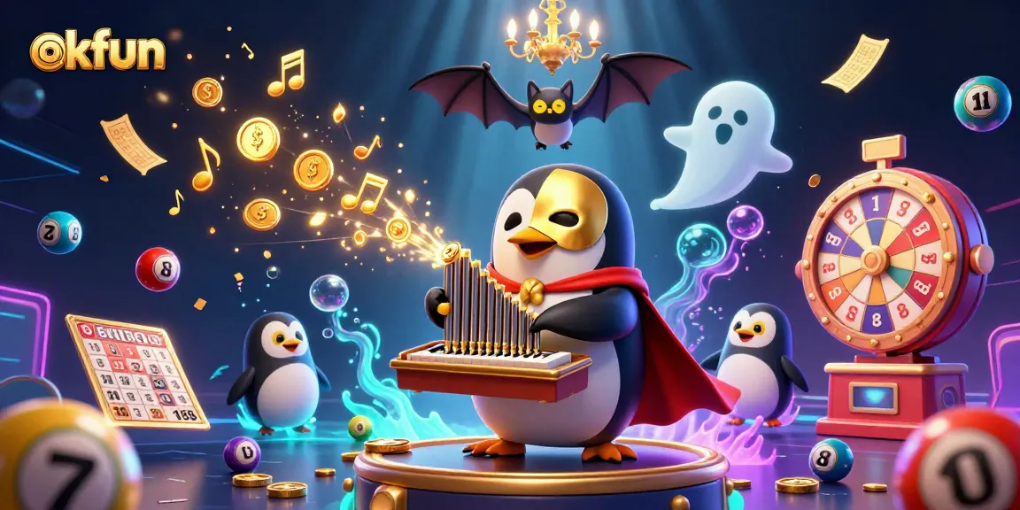 Experience the thrill of okfun with a vibrant scene showcasing a penguin organist, fluttering tickets, and enchanting atmosphere.