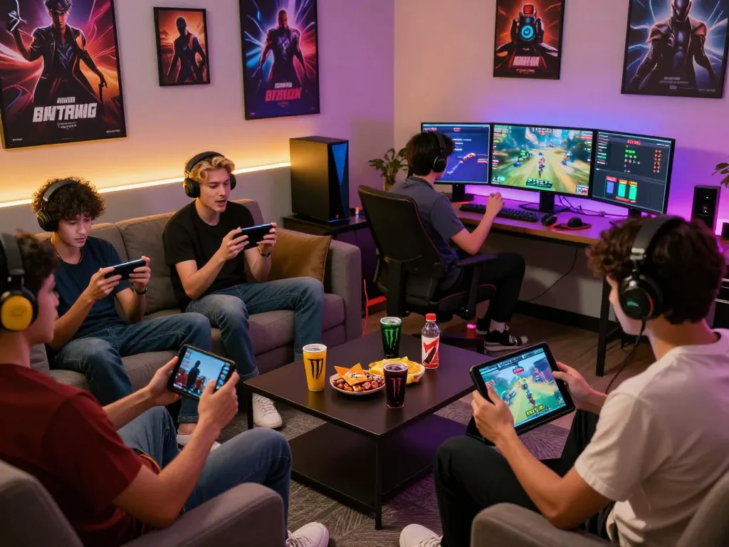 Exciting autowin88 online gaming lounge with diverse players engaged on mobile devices.