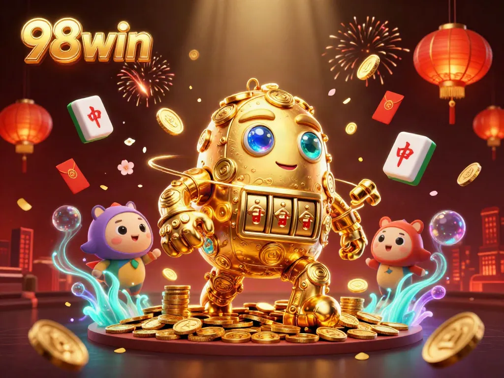 Engage thrill-seekers at 98win with dynamic golden golem amidst floating casino elements.