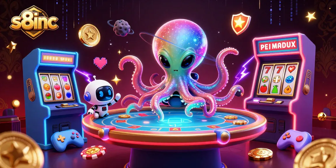 Engage in thrilling gambling action with s8inc, featuring a unique alien octopus dealer at a holographic poker table.