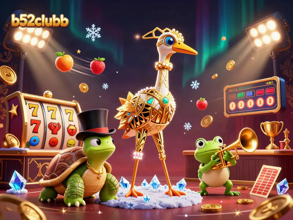 B52clubb showcases vibrant 3D casino characters amidst slot machines and gold coins in a dynamic scene.