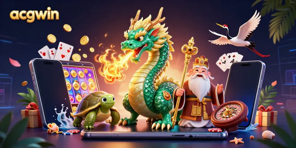 Experience excitement with acgwin as a dragon breathes fire amid spinning slots and golden coins.