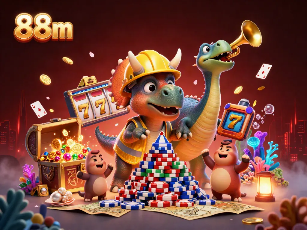 Join the excitement at 88m casino with colorful slot reels and vibrant action in a dynamic 3D illustration.