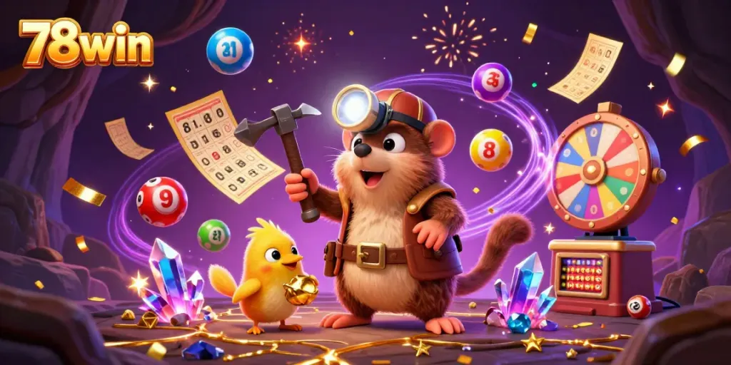 Explore 78win's vibrant award-winning experience with a treasure hunter mole and vibrant lottery elements.