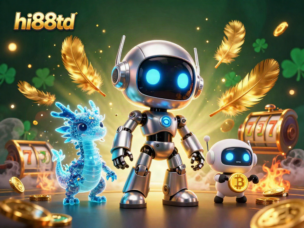 hi88td showcases an exciting scene with a cyberpunk robot, AI dragon, and drone celebrating casino wins.