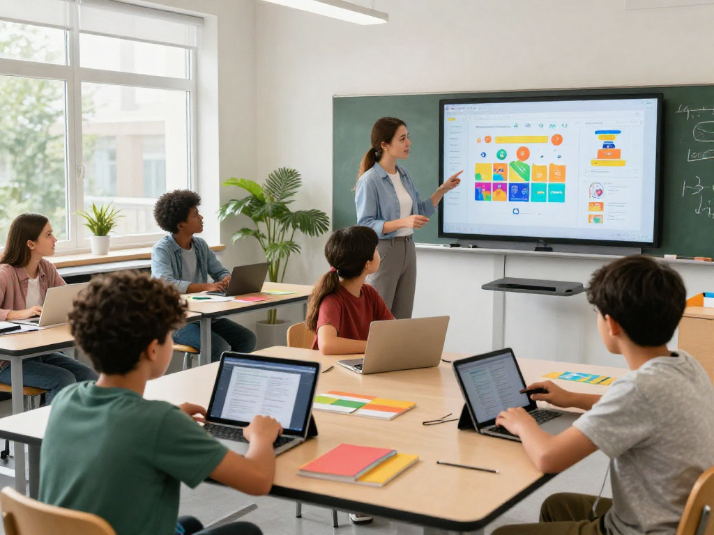 Students engaging with rokok88's modern curriculum materials in a vibrant classroom.