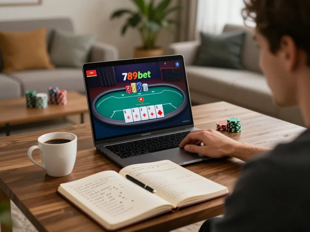 Gamer researching strategies for 789bet while playing online poker at home