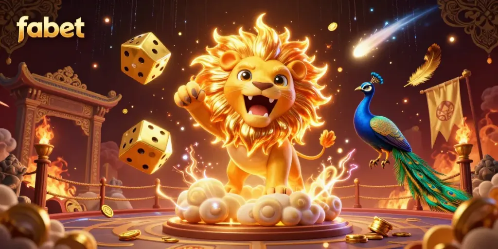 Experience fabet betting excitement with a dynamic 3D illustration featuring golden dice and a roaring lion.
