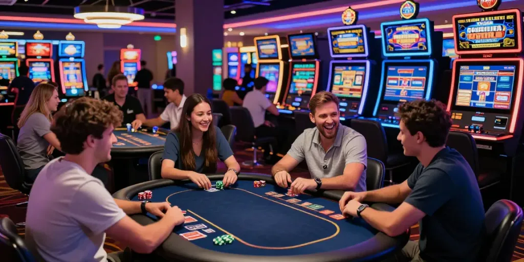 Players enjoying a lively atmosphere at credit card casinos UK, engaged in table games and slots surrounded by vibrant LED lights.