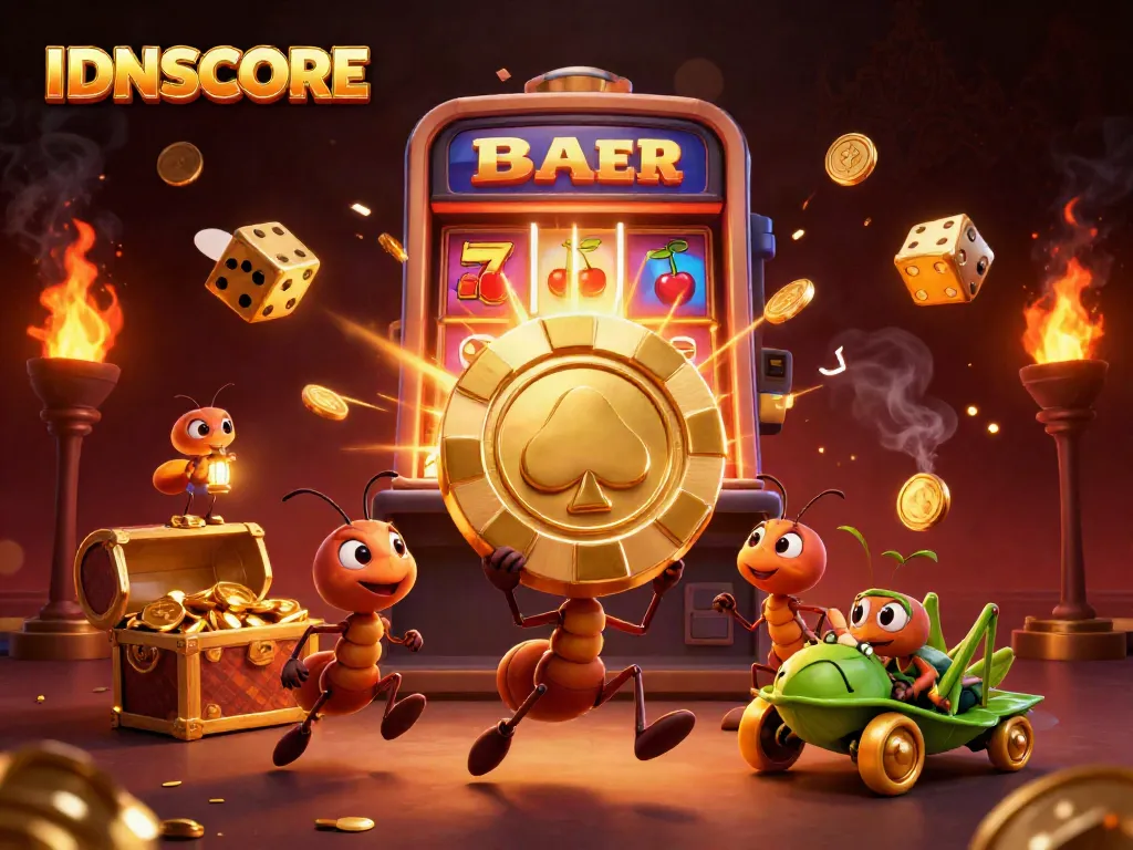 Experience the excitement of IDNSCORE with cartoon ants on a heist for massive poker chips amidst dynamic casino elements.