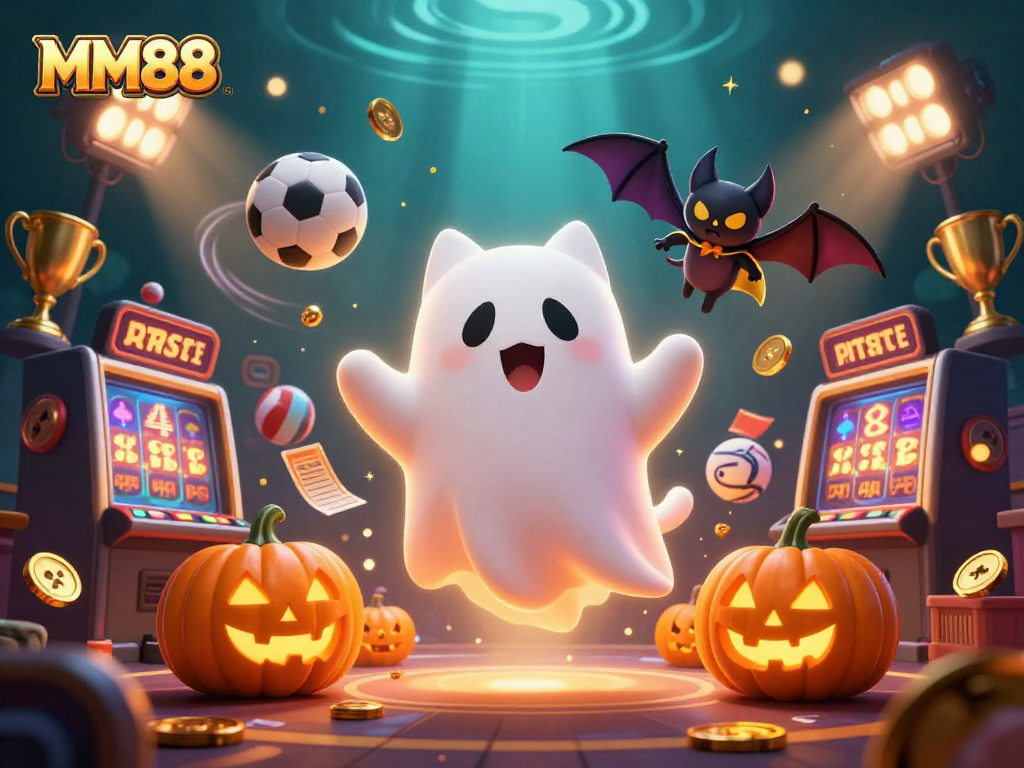 Experience thrilling gaming at MM88 with a friendly ghost cat, vampire bat, and vibrant casino elements.