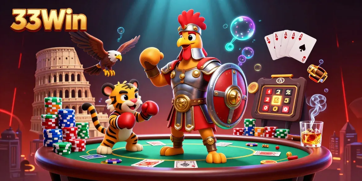Engage with 33Win's vibrant casino action featuring a rooster warrior and poker elements.