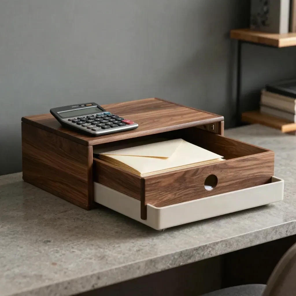 Benefits help workstation with file box, calculator, envelopes, and tray on stone.