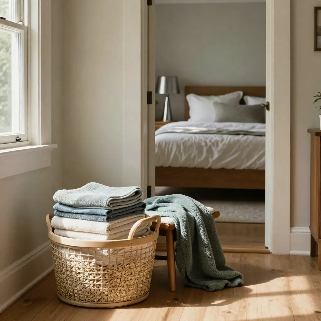 Bright entryway with towels, support basket, folded blanket, and a ready guest room in soft morning light.