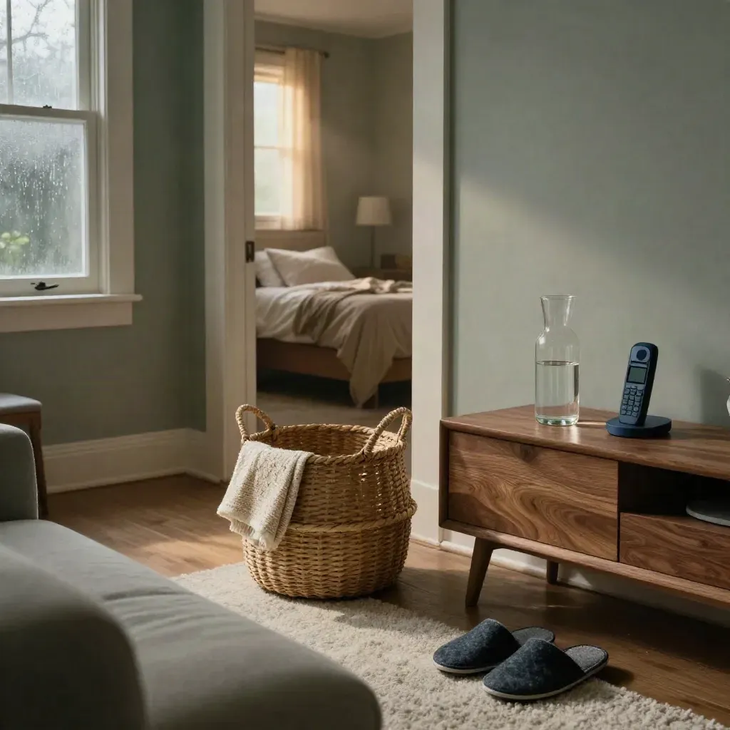 Moody living room caregiving station with basket, slippers, water carafe and glowing guest room.