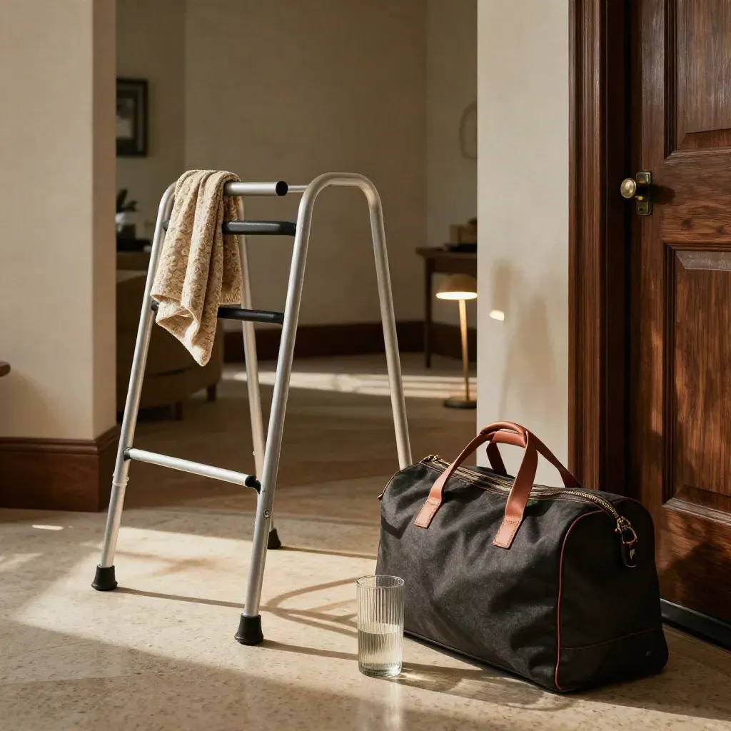 Walker, shawl, carafe and overnight bag staged by a front door in calm late-afternoon light.