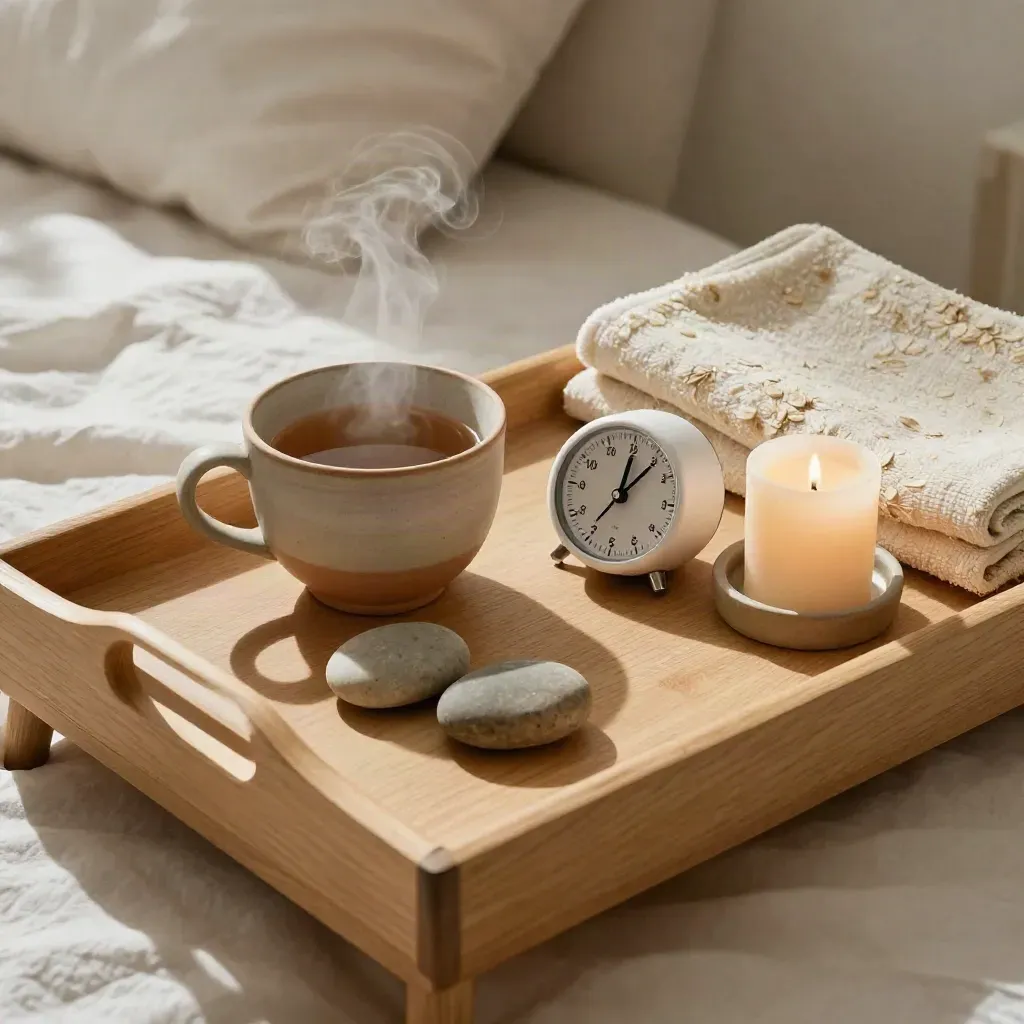 Overhead bedside stress-reset kit with tea, timer, stones, blanket and candle in warm daylight.