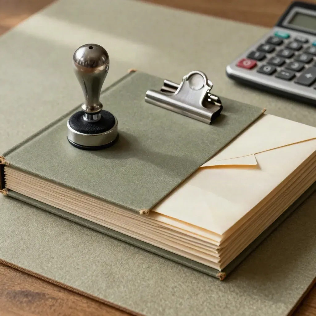 Close-up of a benefits guide workspace with file folders, stamp, clip, calculator and envelopes.