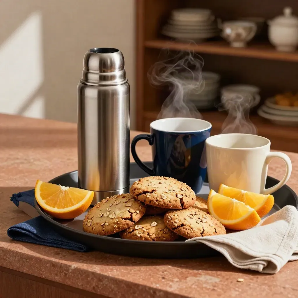 Thermos tray with mugs, citrus and oat biscuits on a terracotta counter, lit by soft daylight.