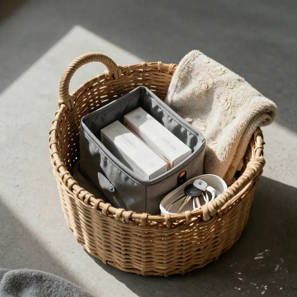 Overfull caregiving basket with organizer, refill box, blanket and keys on concrete.