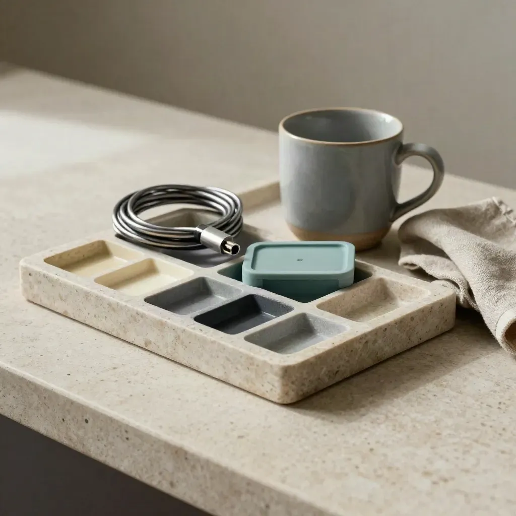 Open tray with empty slots beside mug, charger, and folded cloth on pale stone in soft light.