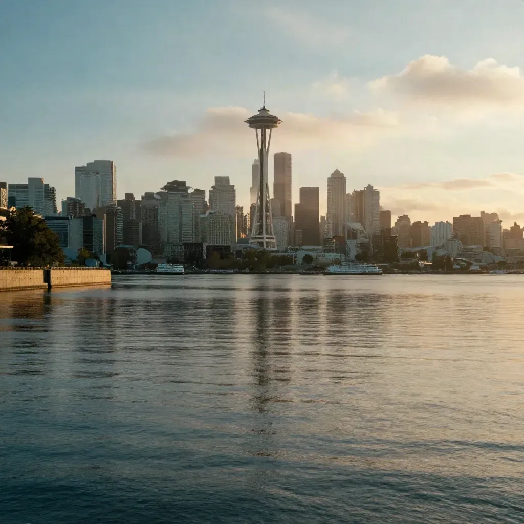 Seattle skyline rises through sunrise mist above calm reflective waterfront water