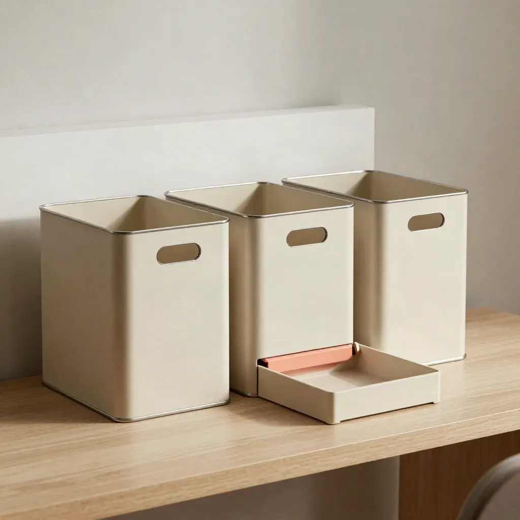 Three cream storage boxes, blank tabs and an organizer tray on pale wood, softly lit