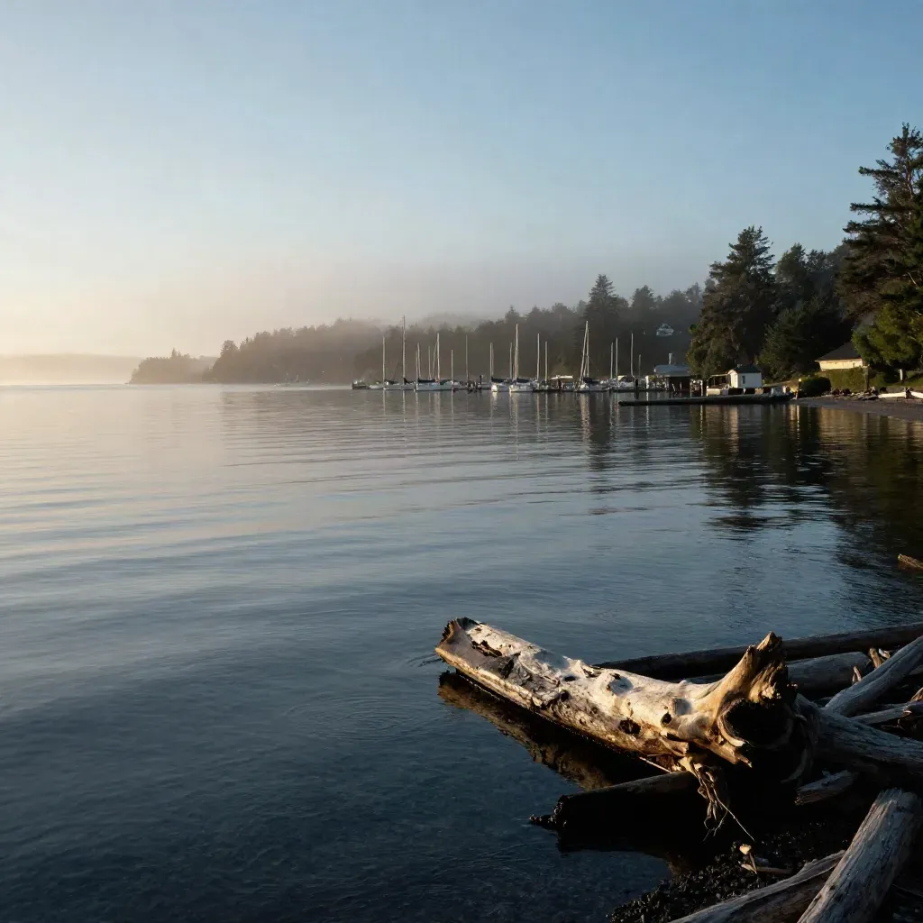 Foggy North Sound shoreline with marina water and bluffs at blue hour