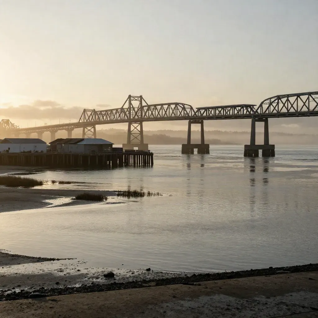 Amber-hazed South Sound waterfront bridge forms above calm tidal flats and industrial shoreline.
