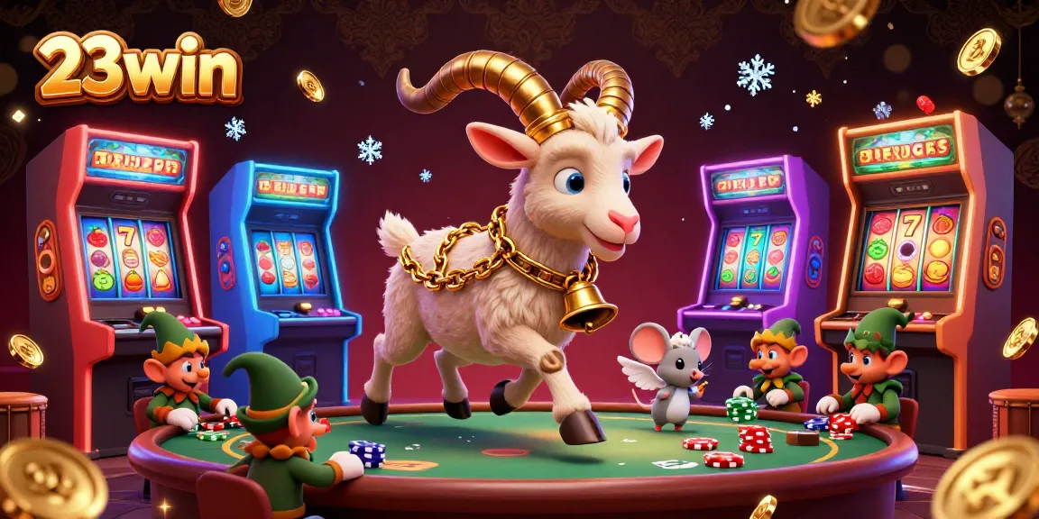Experience thrilling games at 23win with festive Krampus and playful elves stealing the spotlight in this lively casino scene.