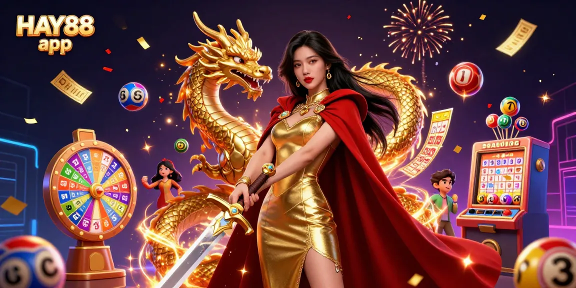 Experience winning moments with the HAY88 app, featuring vibrant game elements and a warrior queen.
