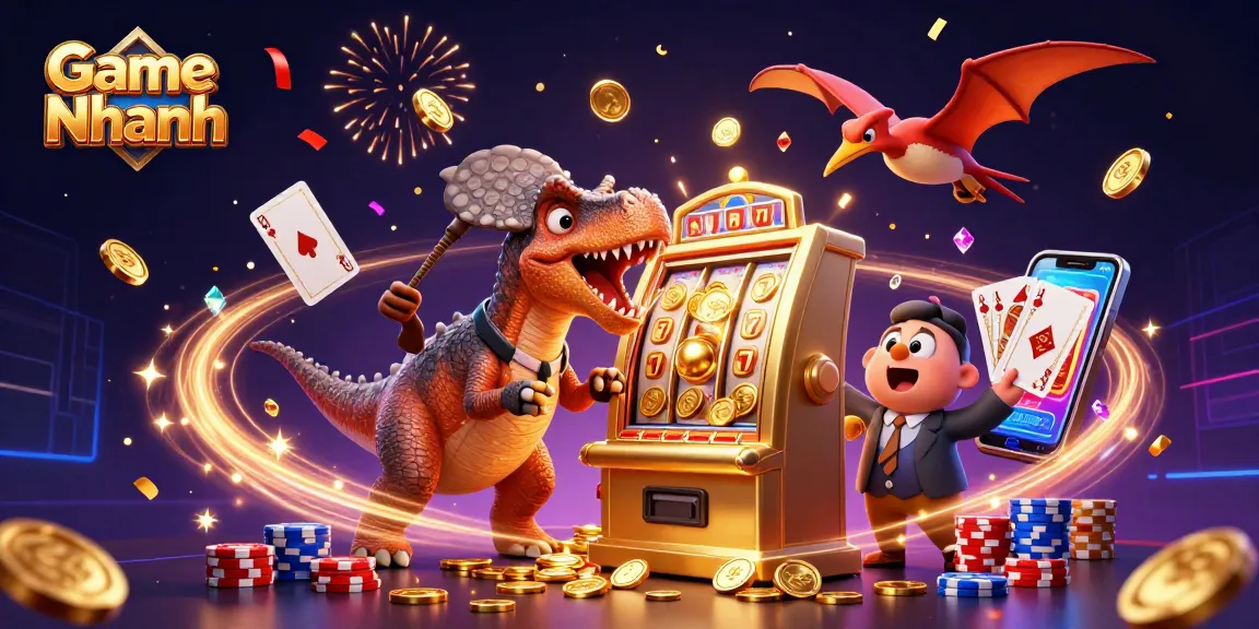 Game Nhanh shows a pachycephalosaurus headbutting a slot machine for jackpot coins.