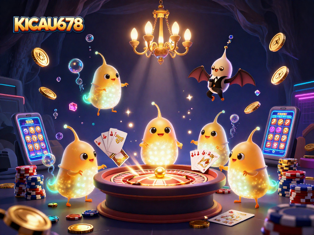 KICAU678 brightens the gaming experience as glowworms and a bat dealer illuminate the casino scene.