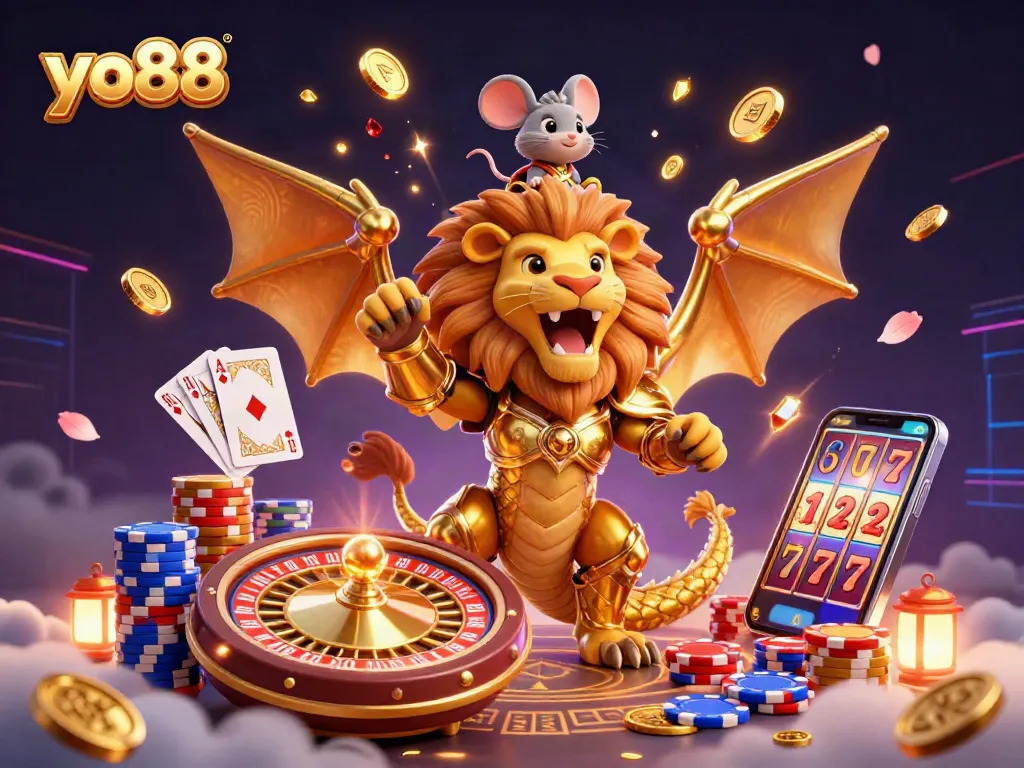 Spin the reels at yo88 with vibrant casino elements and a triumphant chimera in a detailed 3D scene.