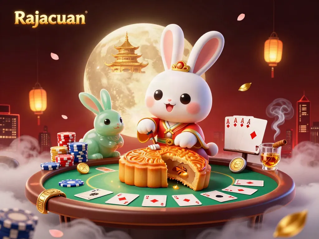 Experience Rajacuan thrills as cartoon moon rabbits play poker amidst dazzling casino elements.