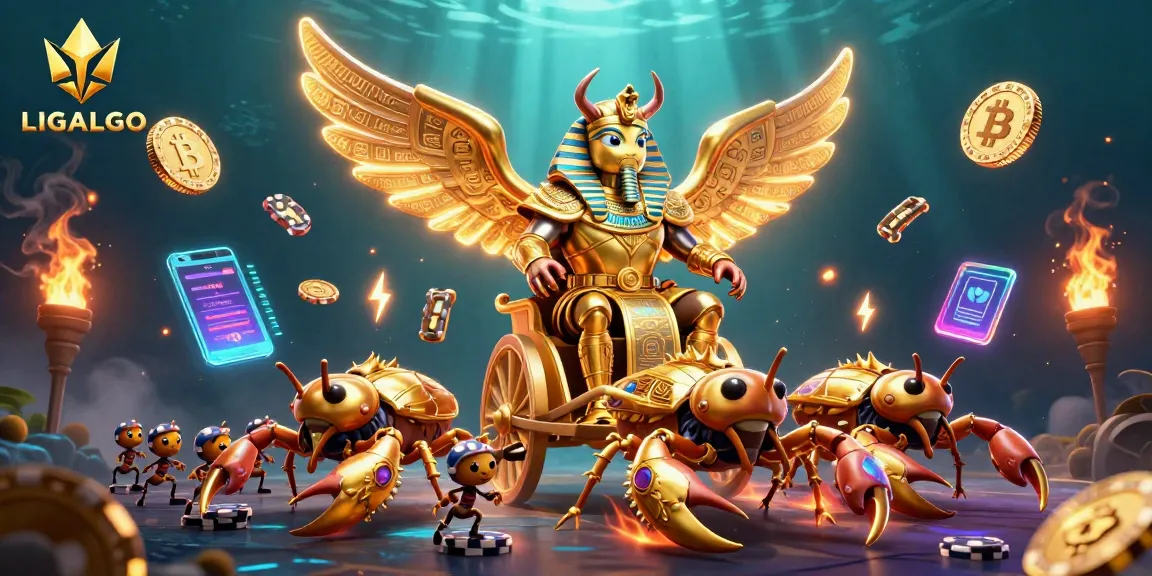 LIGALGO offers an engaging slot experience with a vibrant scene featuring a golden scarab and scorpions.