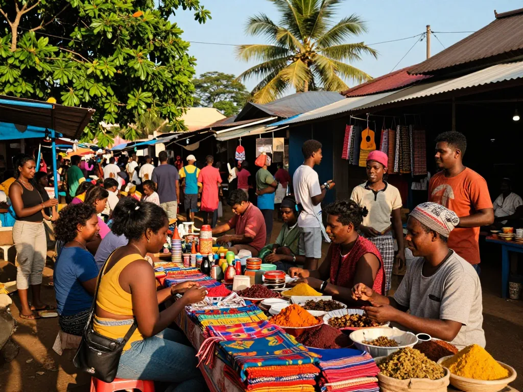 Hela Lanka vibrant marketplace scene with local crafts and sunlight.